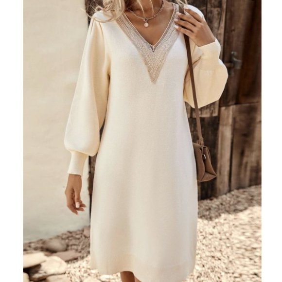. Dresses & Skirts - Beige Preppy Womens Guipure Lace Insert Lantern Sleeve Sweater Dress
